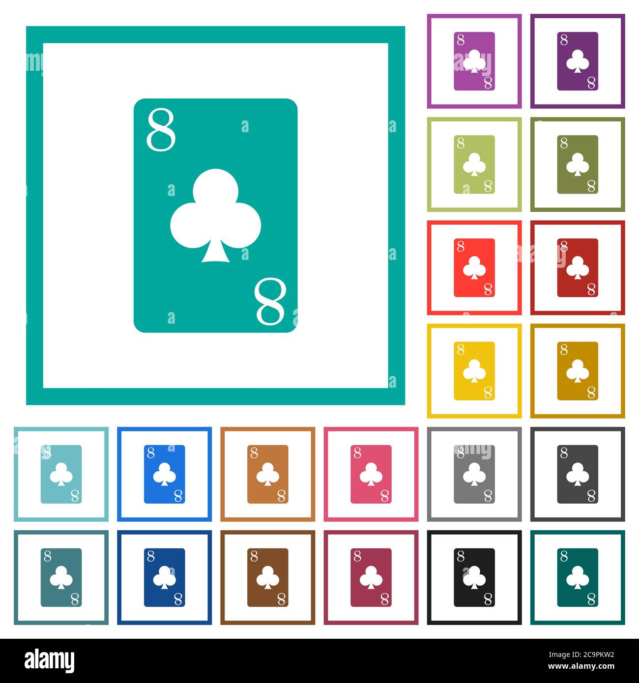 Eight of clubs card flat color icons with quadrant frames on white