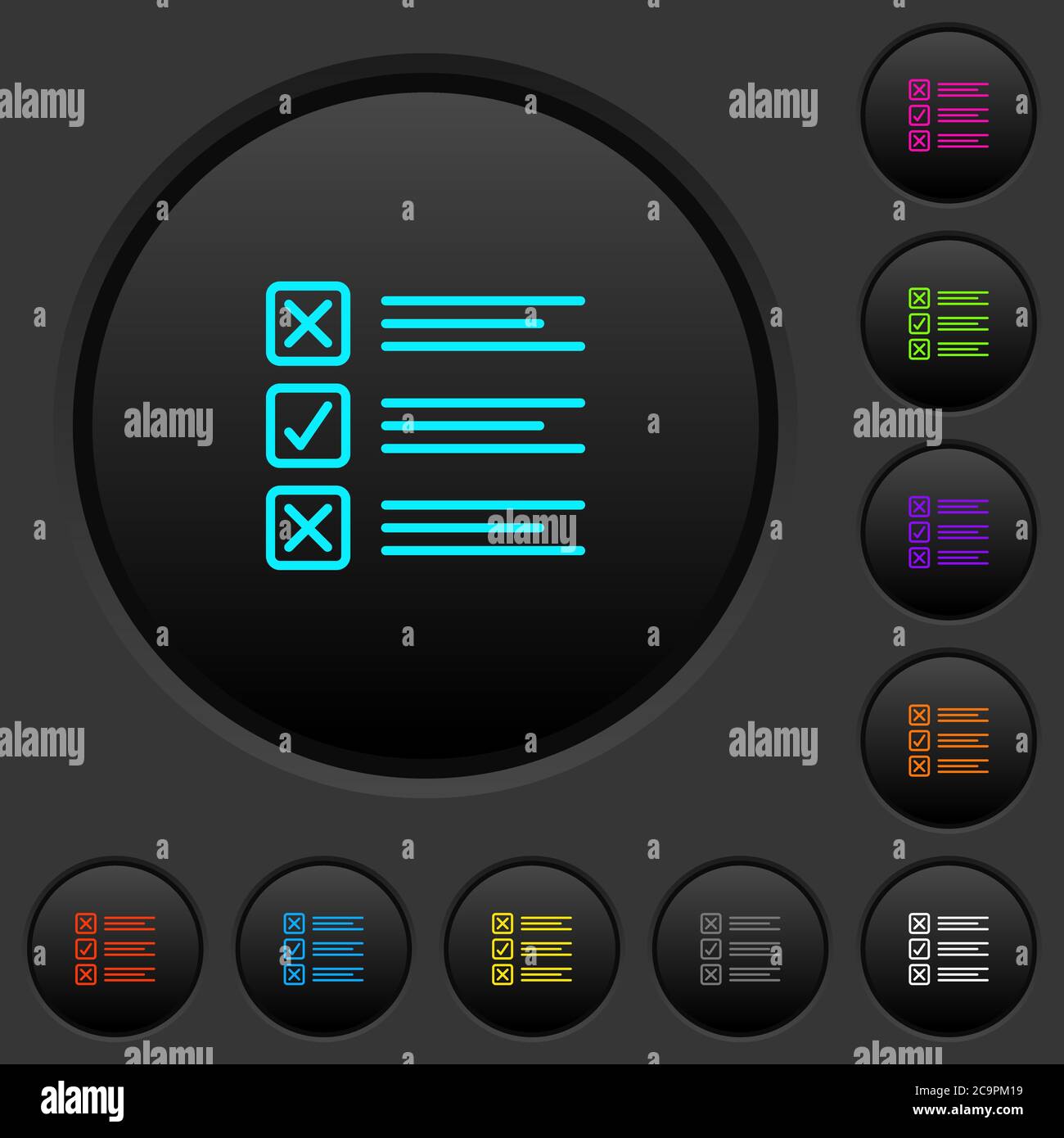 Questionnaire dark push buttons with vivid color icons on dark grey ...