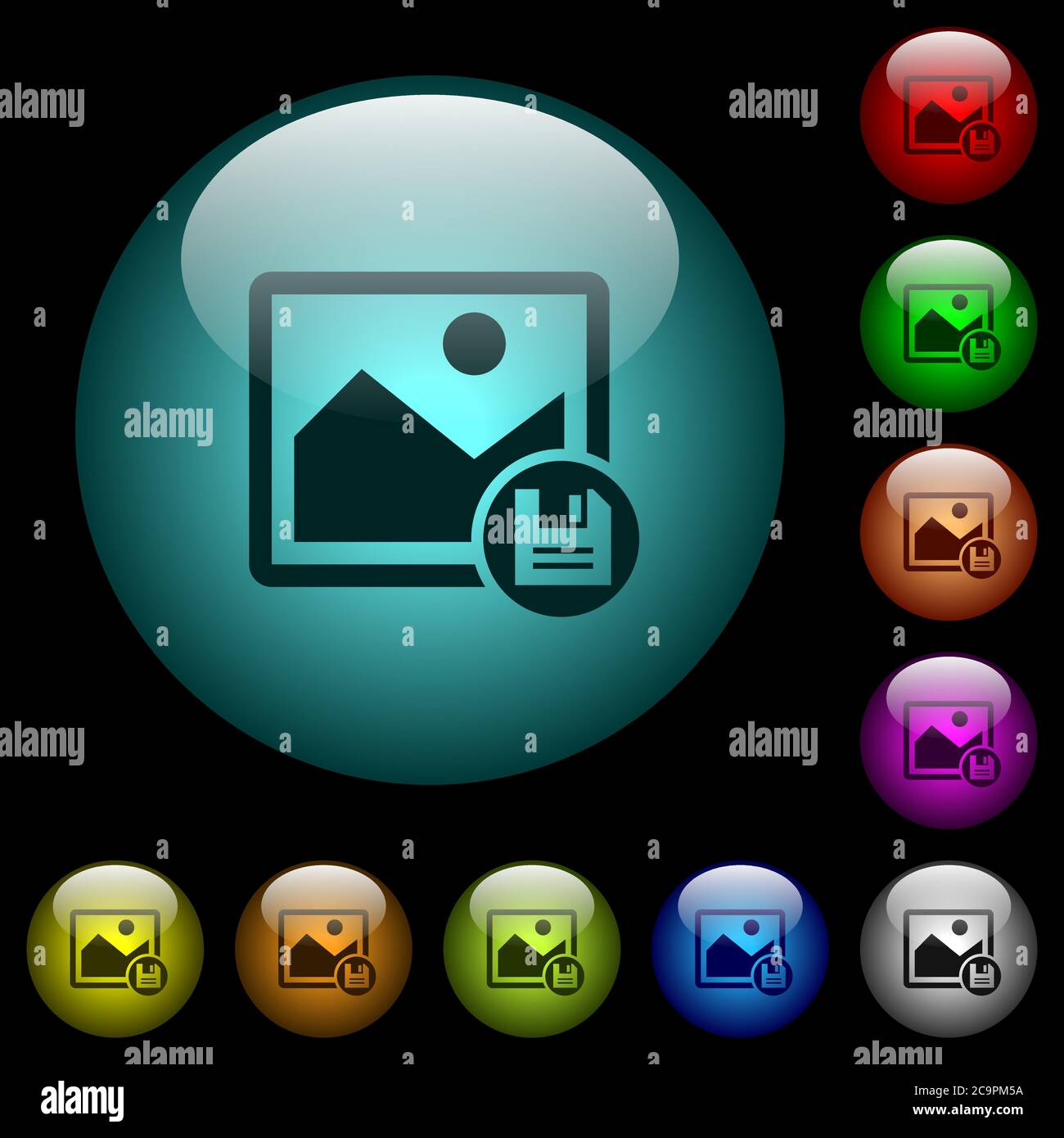 Save image icons in color illuminated spherical glass buttons on black ...