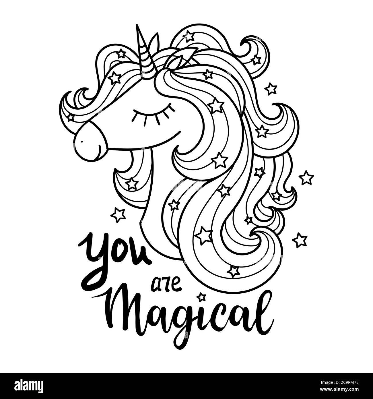 The head of a white unicorn. Magical animal. Black and white. For the design of prints, posters, coloring books, badges, stickers. Vector illustration Stock Vector