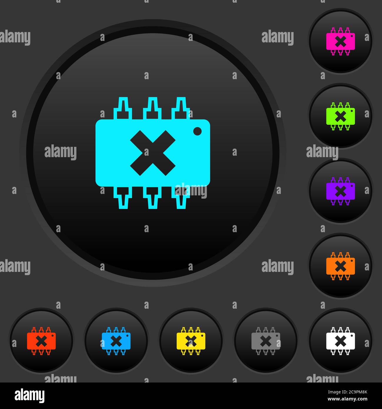 Hardware failure dark push buttons with vivid color icons on dark grey