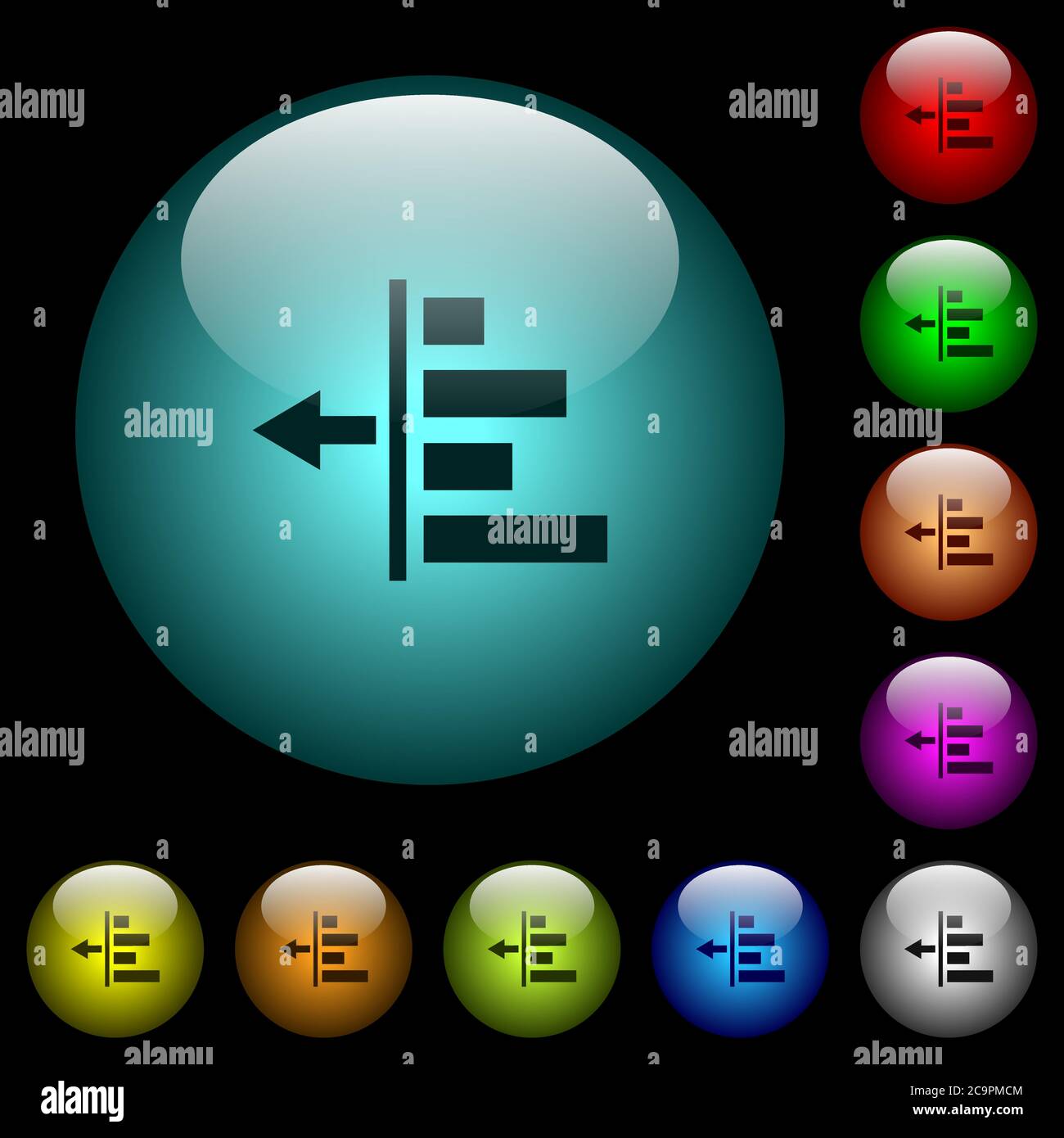 Decrease left indentation of content icons in color illuminated spherical glass buttons on black background. Can be used to black or dark templates Stock Vector