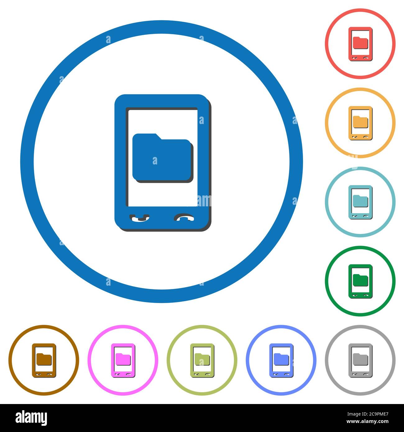 Mobile data storage flat color vector icons with shadows in round ...