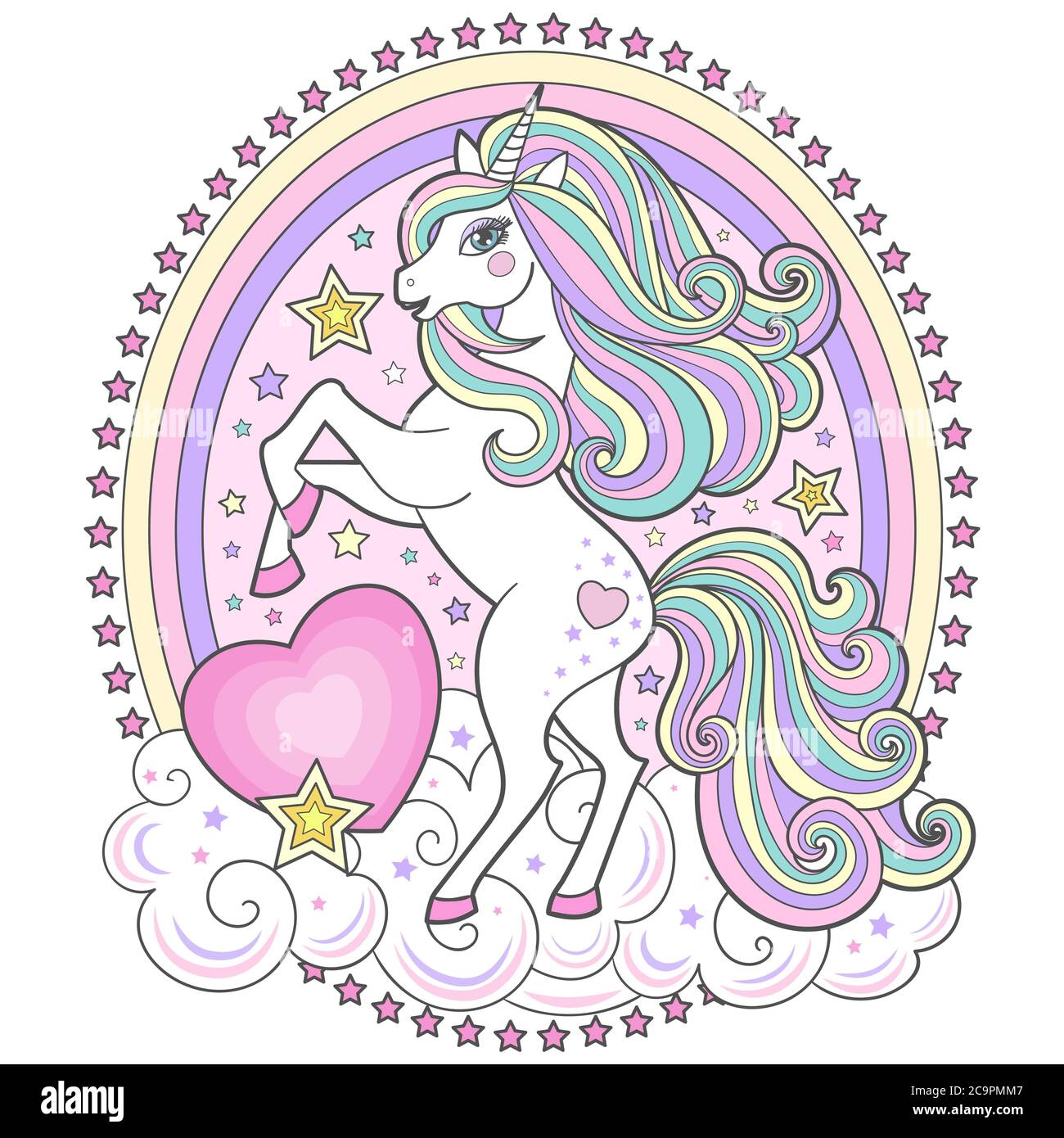 Beautiful white unicorn. Fantastic animal. Composition in a circle. For the design of prints, posters, stickers, cards, etc. Vector Stock Vector