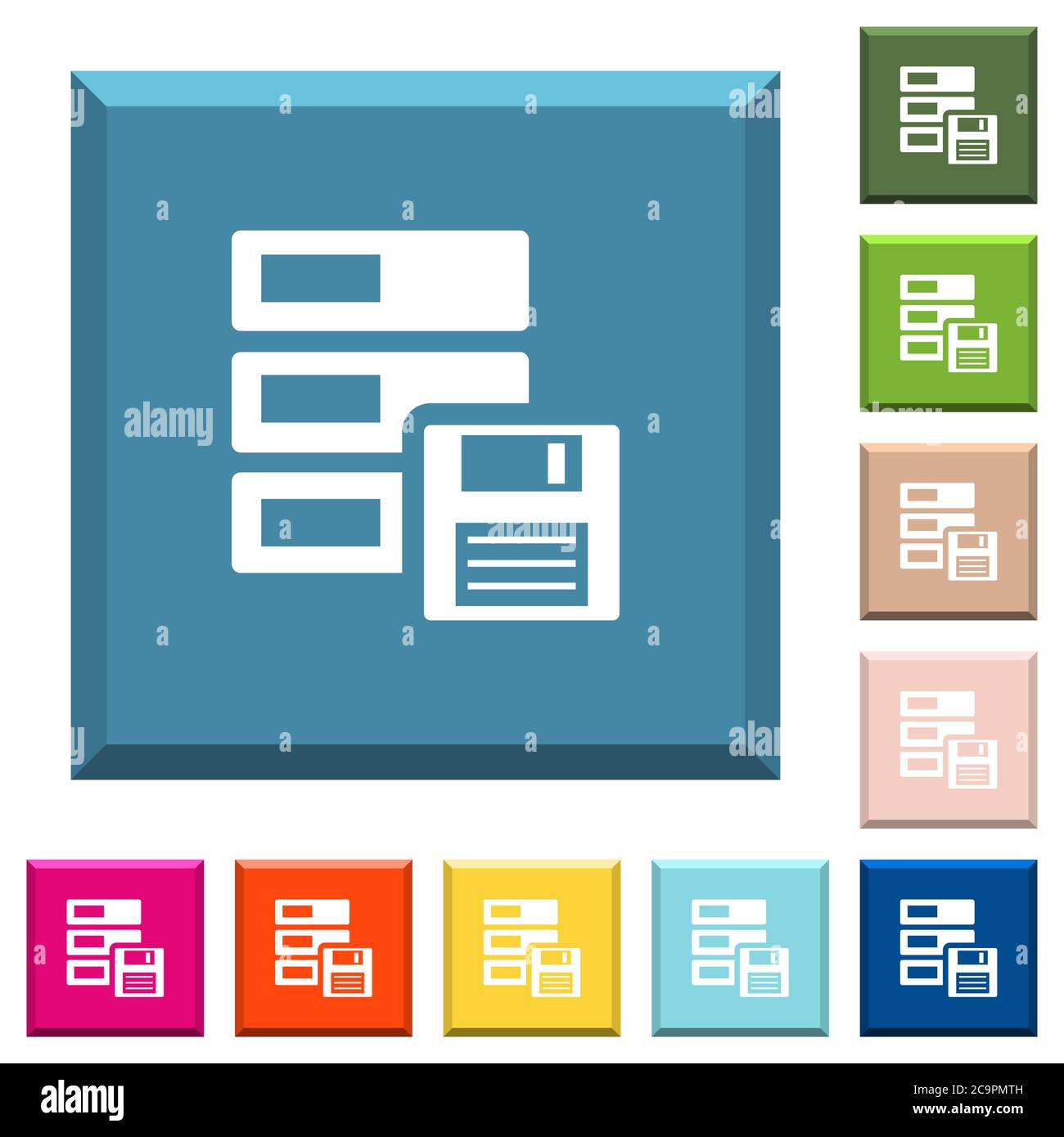 Data backup white icons on edged square buttons in various trendy ...
