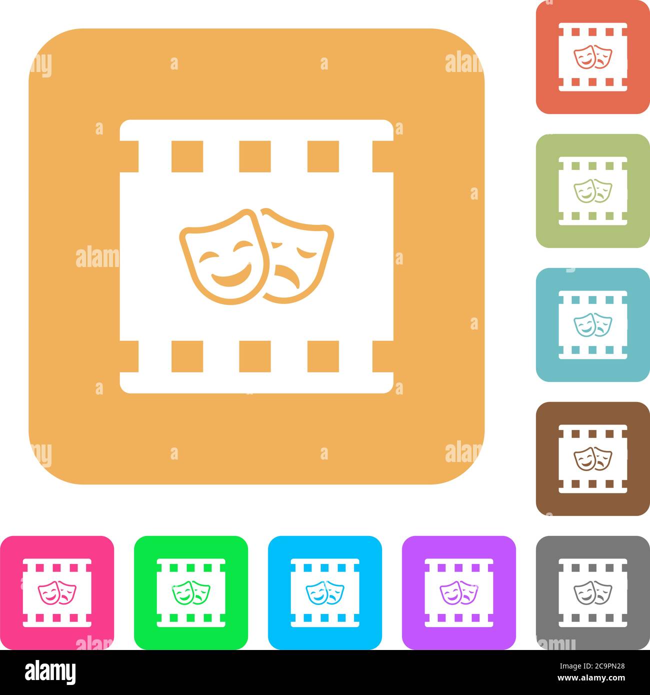Theatrical movie flat icons on rounded square vivid color backgrounds ...