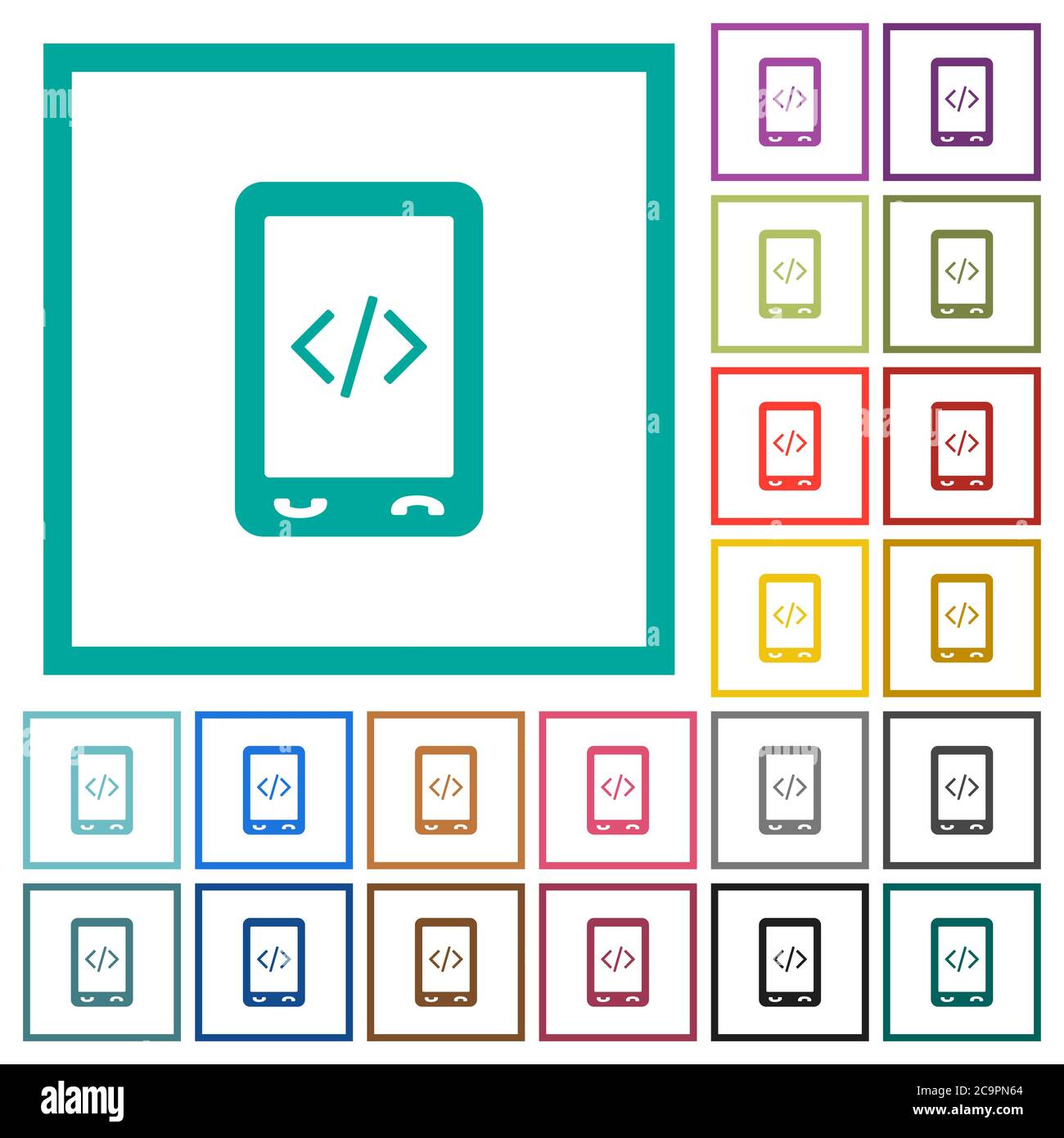Mobile scripting flat color icons with quadrant frames on white background Stock Vector