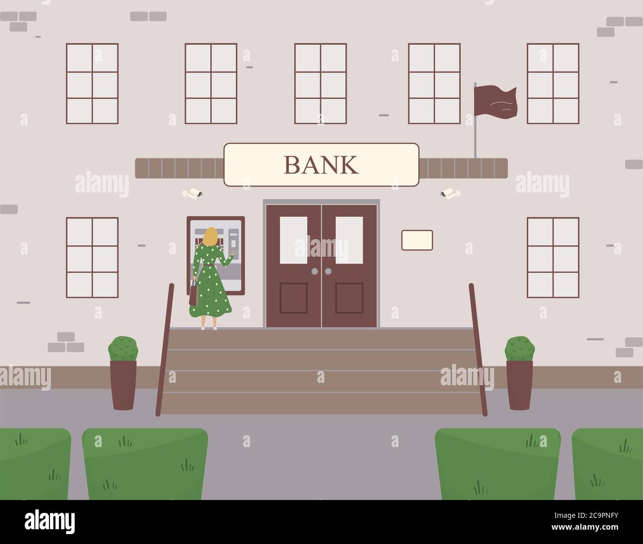 Facade of the bank with girl standing near ATM. Entrance with classic brick porch with steps and surveillance cameras to financial institution Stock Vector