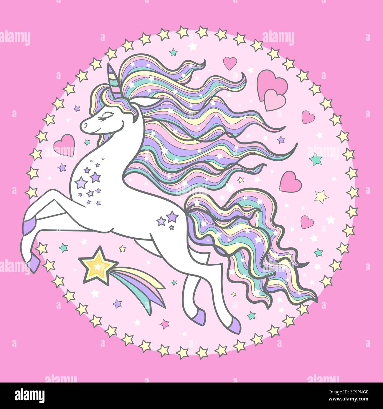 Beautiful white unicorn. Fantastic animal. Composition in a circle. For the design of prints, posters, stickers, cards, etc. Vector Stock Vector