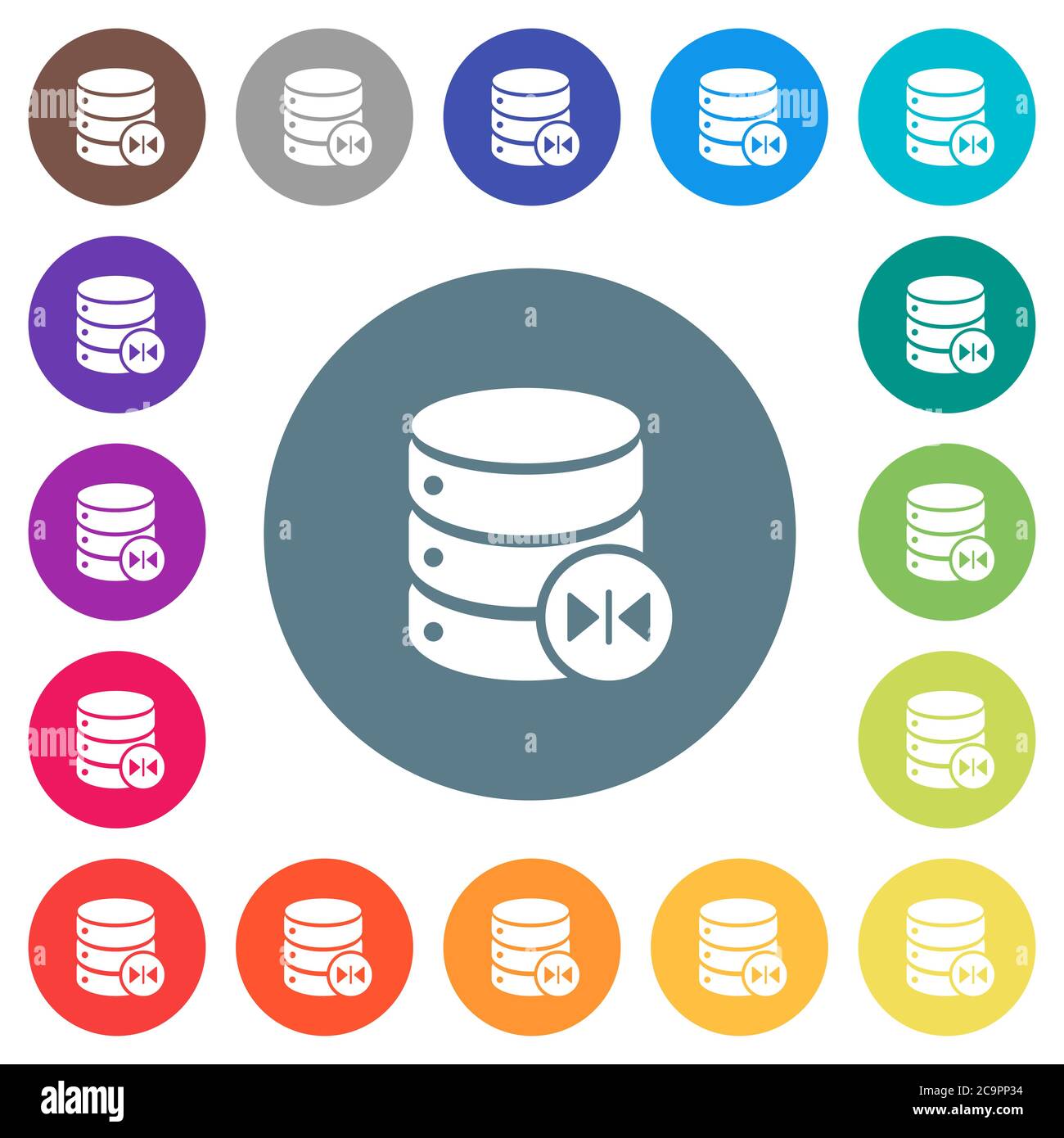 Select database table column flat white icons on round color ...
