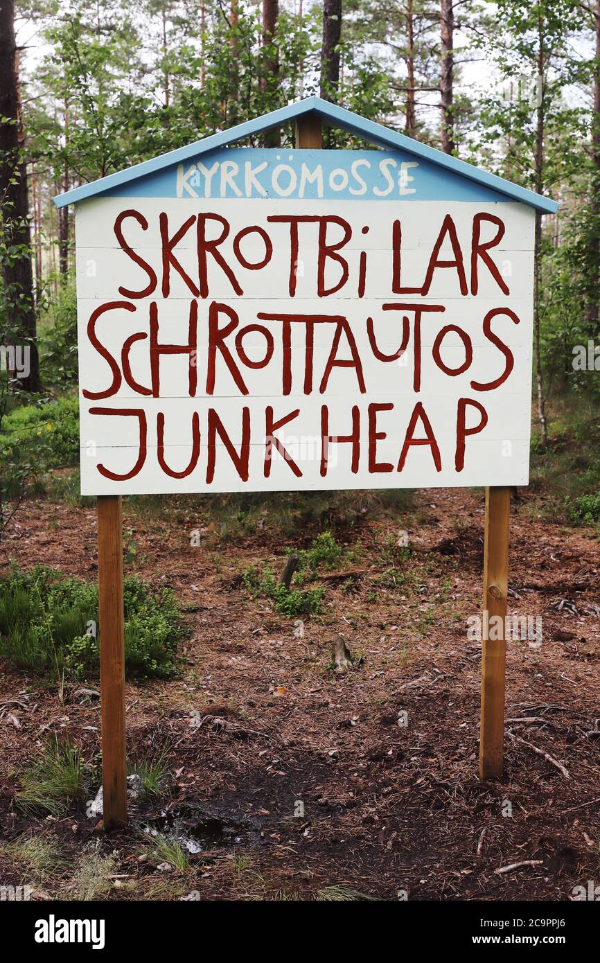 Car cemetery sign located at the Kyrko mosse. Stock Photo