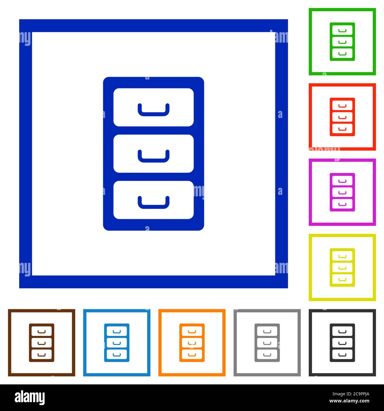 Archive file cabinet flat color icons in square frames on white ...