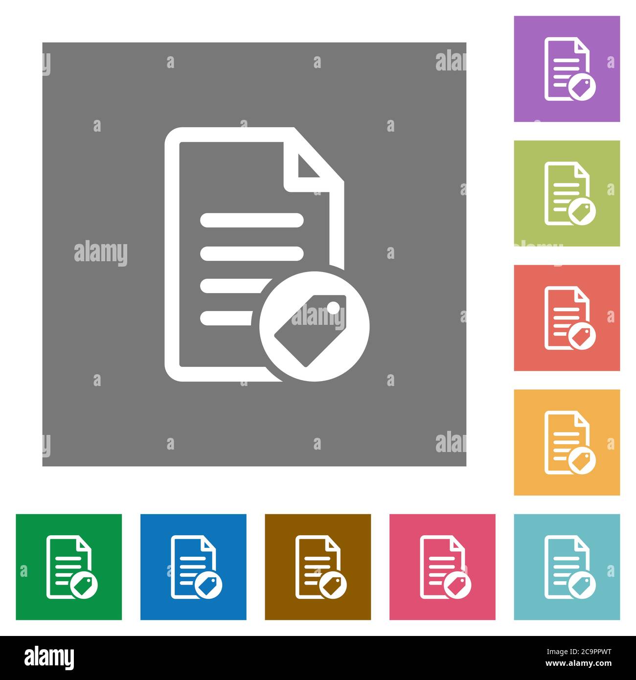 Tagging document flat icons on simple color square backgrounds Stock Vector