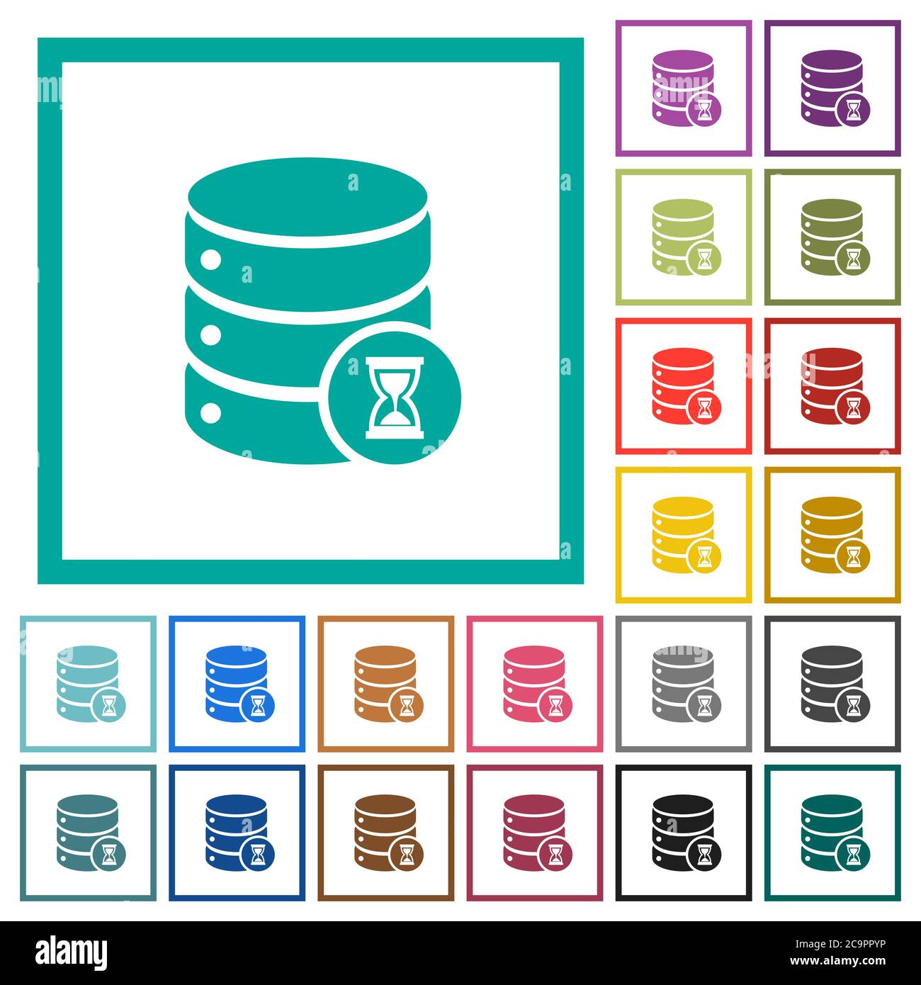 Database working flat color icons with quadrant frames on white background Stock Vector