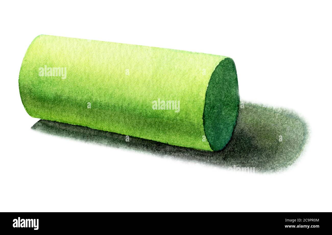 Green cylindrical, basic geometric shapes with dramatic light and shadow in watercolor style. Solids isolated on a white background. Clipping path. Stock Photo