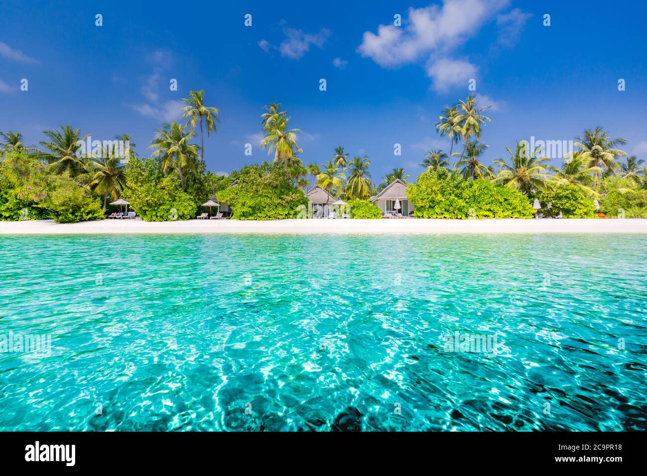 Luxury vacation, summer vibes. Tranquil beach scene. Exotic tropical beach landscape for background or wallpaper. Design of summer vacation holiday Stock Photo