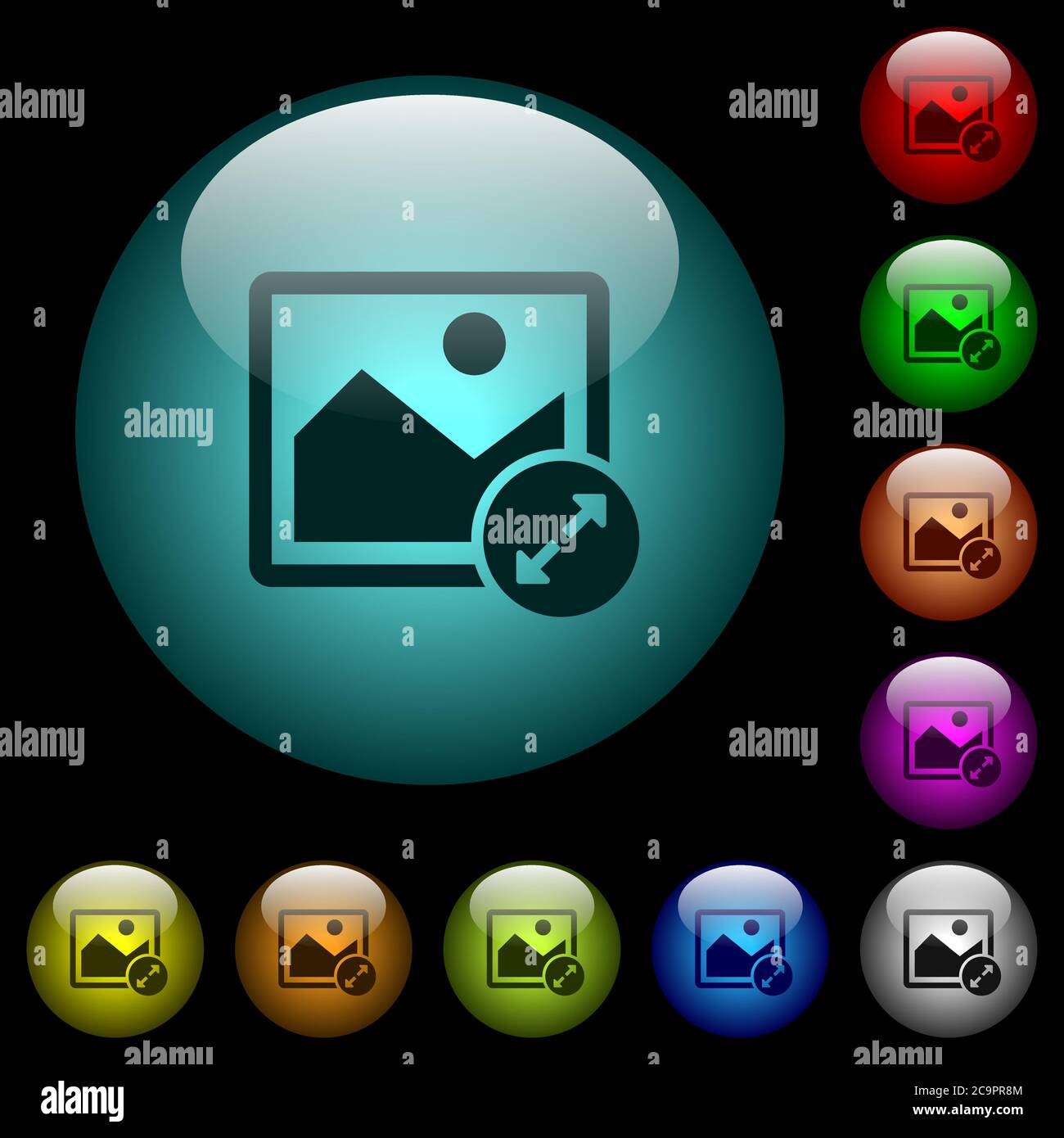 Resize image large icons in color illuminated spherical glass buttons on black background. Can be used to black or dark templates Stock Vector