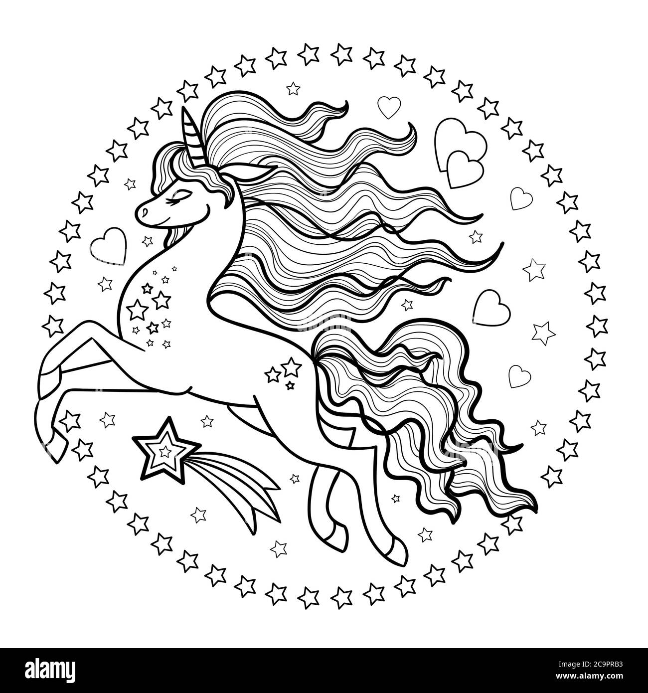 Running unicorn in a round frame of stars. Doodle vector illustration. Cartoon character. Contour image. Black and white. For the design of prints, po Stock Vector