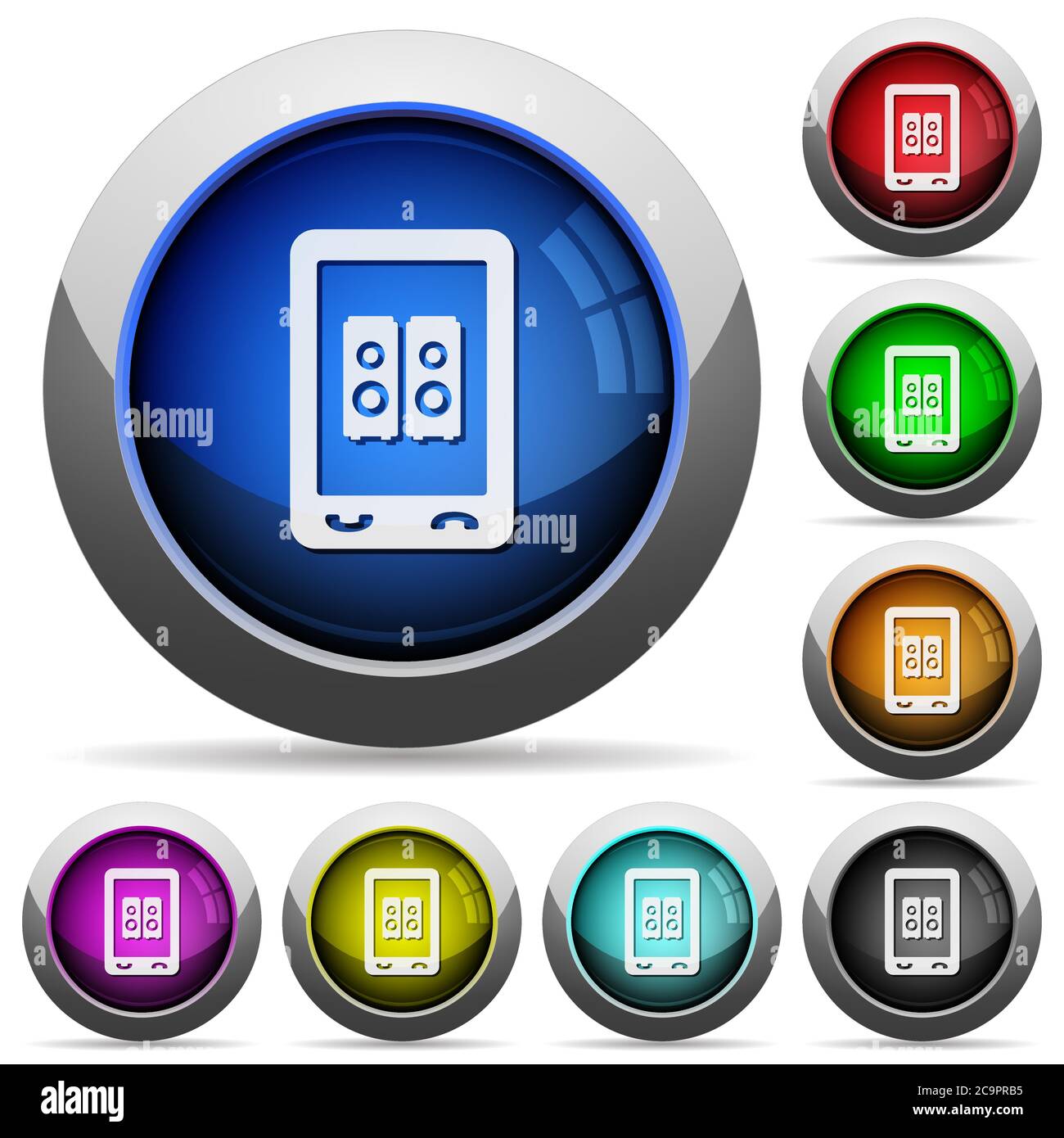Mobile speakerphone icons in round glossy buttons with steel frames