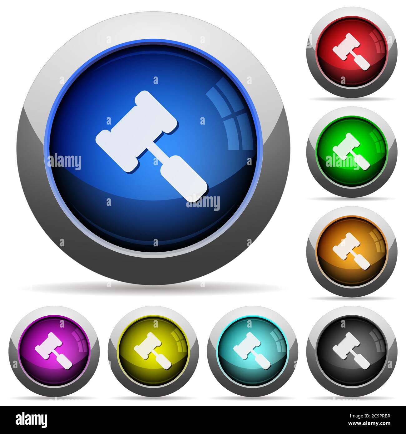 Judge hammer icons in round glossy buttons with steel frames Stock