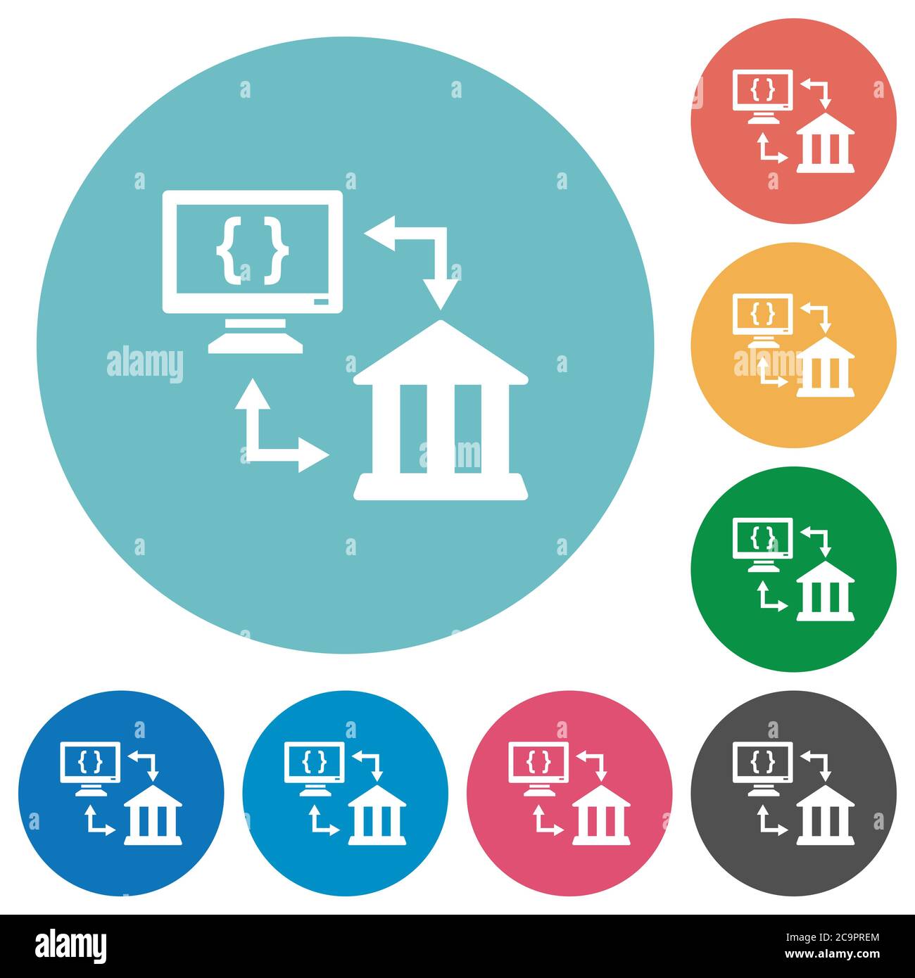 Open banking API flat white icons on round color backgrounds Stock ...