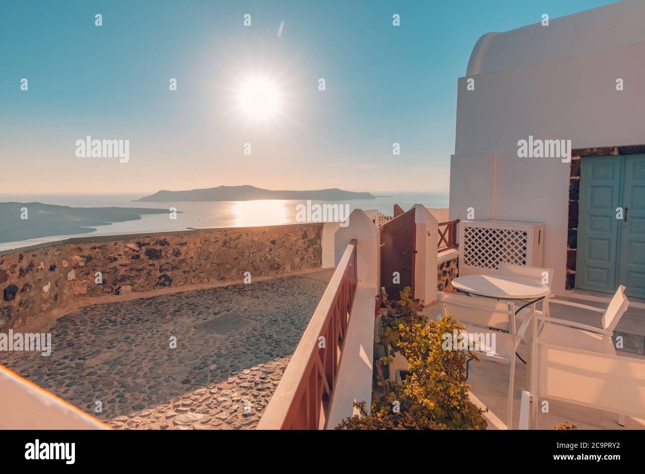 Amazing street view Santorini island. Greece traditional white and blue architecture, sea view and fantastic summer mood vibes. Luxury travel holiday Stock Photo