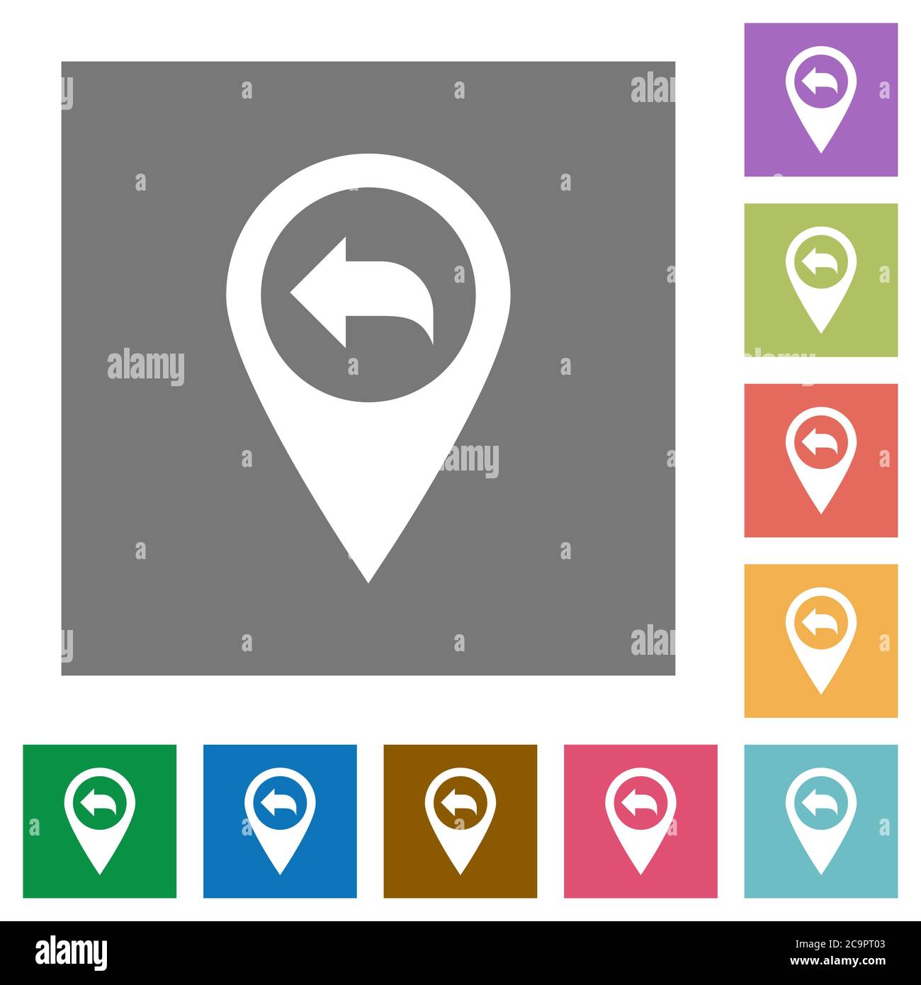 Previous GPS map location flat icons on simple color square backgrounds Stock Vector