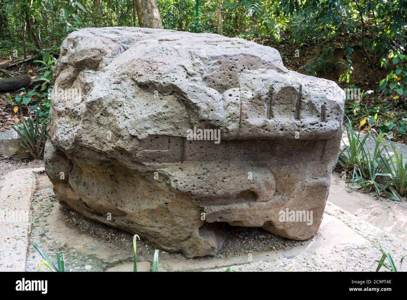 Altar 1, the Feline Altar, from the Olmec ruins of La Venta. Preclassic Period (1200-900 B.C.).  La Venta Museum, Villahermosa, Mexico. Stock Photo