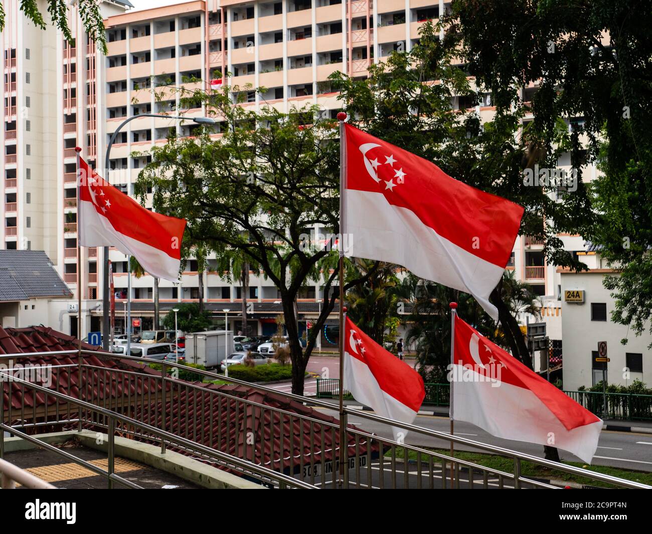 SINGAPORE – JUL 31, 2020 – Singapore national flags at Sin Ming HDB residential estate in preparation for National Day Stock Photo