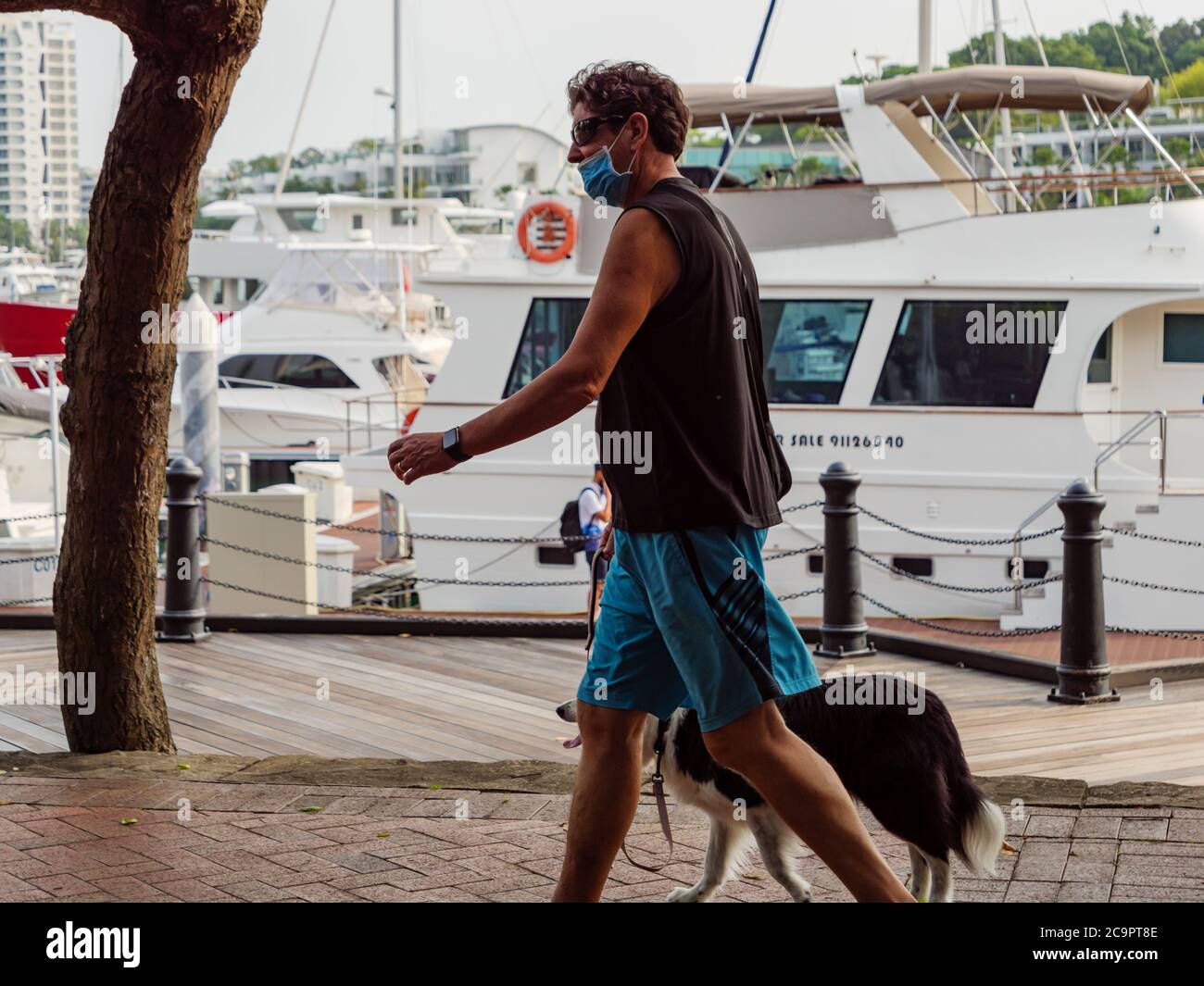 SINGAPORE – JUL 31, 2020 – Caucasian man wearing a protective face mask walks his dog by the waterfront at Quayside Isle, Sentosa cove Stock Photo