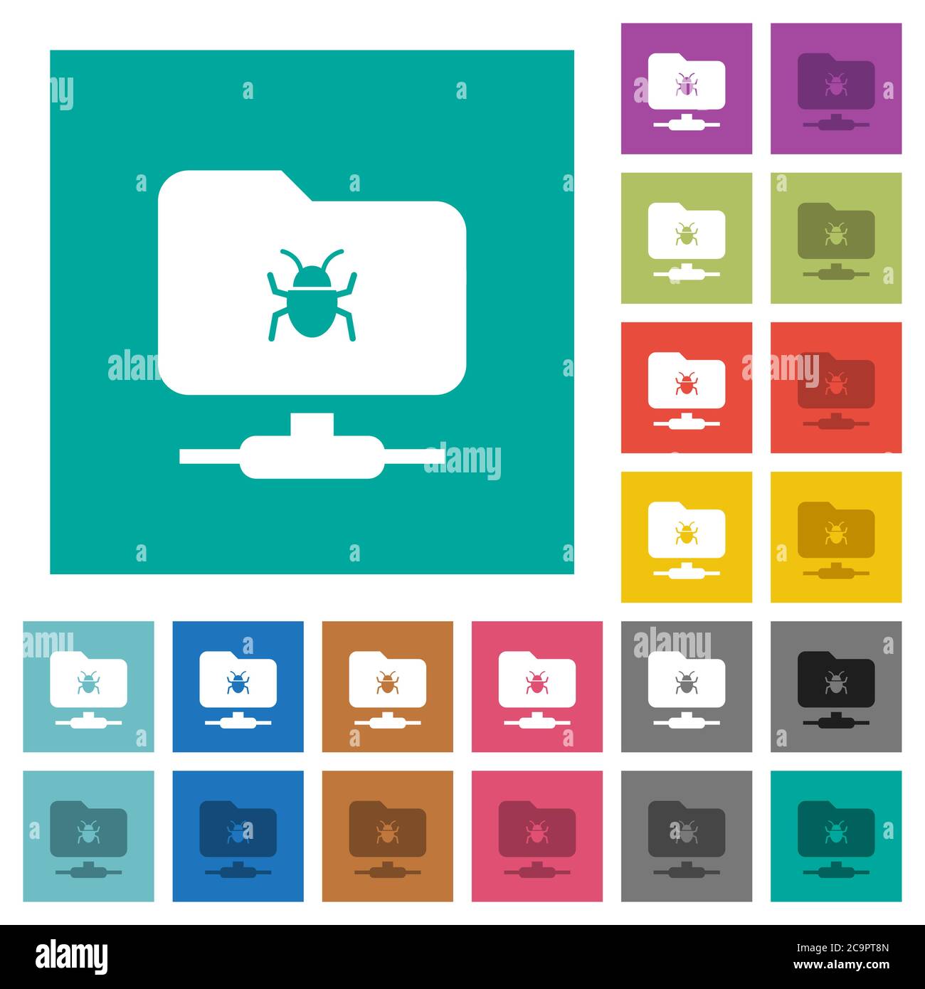 FTP bug multi colored flat icons on plain square backgrounds. Included white and darker icon variations for hover or active effects. Stock Vector