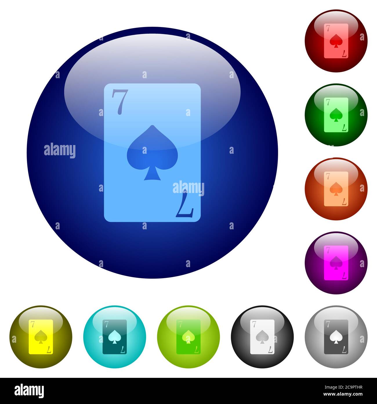 Seven of spades card icons on round color glass buttons Stock Vector