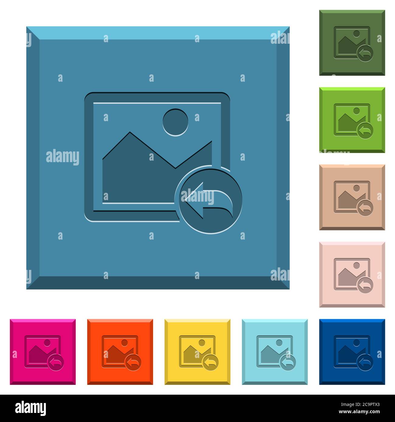 Undo image changes engraved icons on edged square buttons in various trendy colors Stock Vector