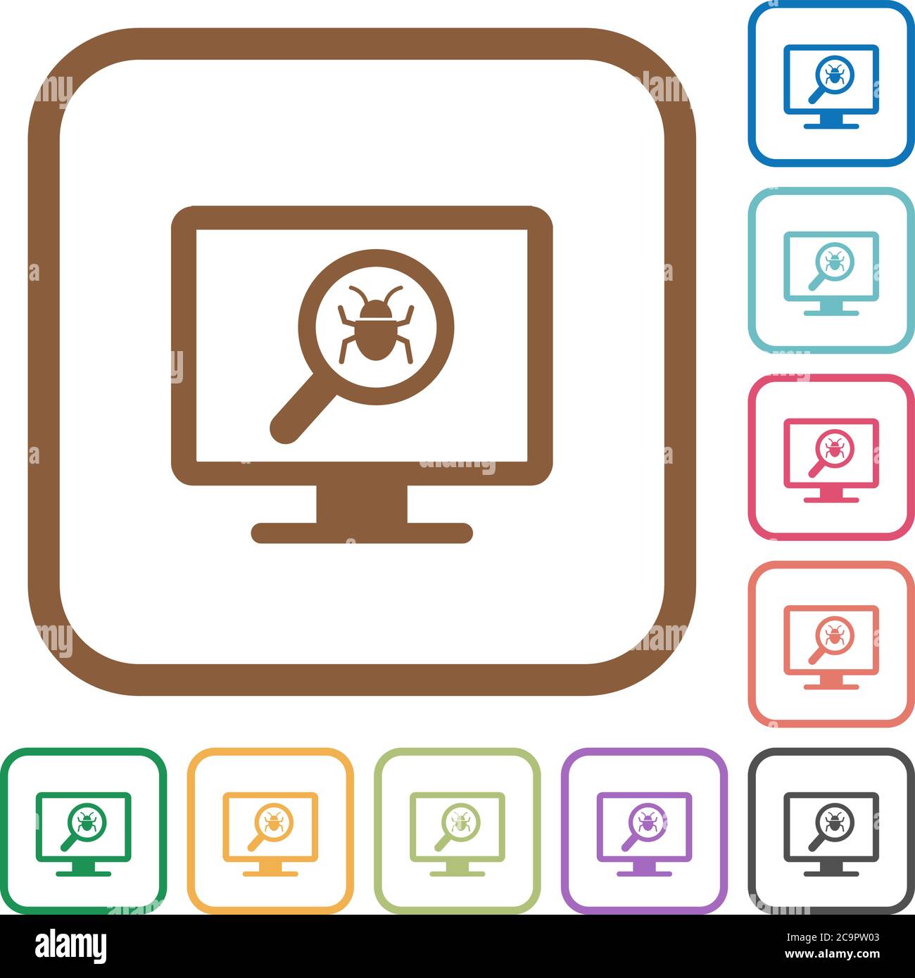 Spyware scanning simple icons in color rounded square frames on white background Stock Vector