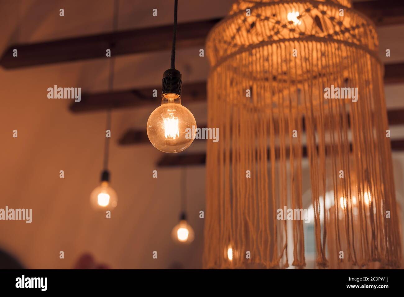Lighting interior design, artistic lamps with light bulbs Stock Photo