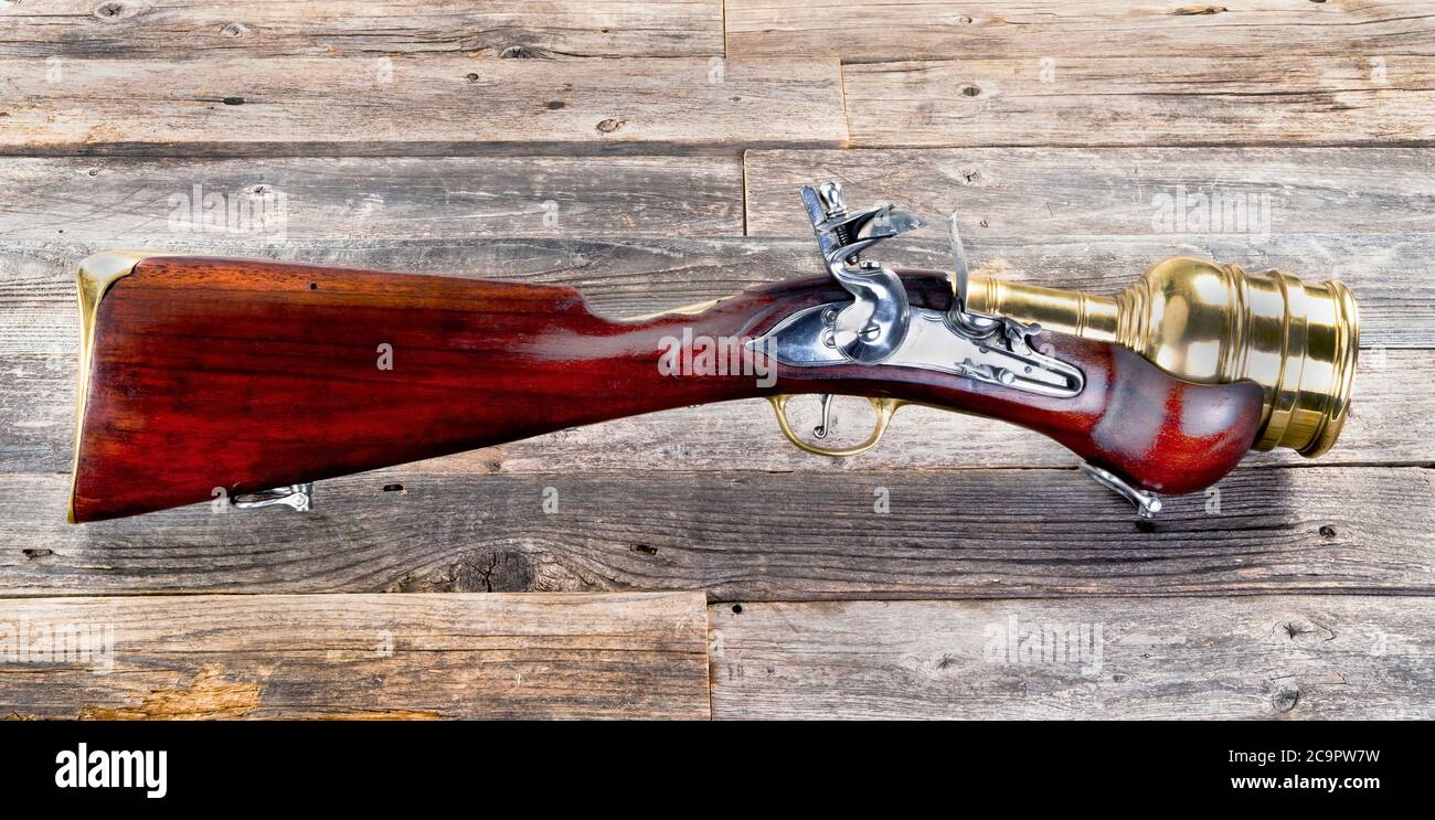 Flintlock hand mortar/ grenade launcher with massive 2.5 inch brass barrel. Stock Photo