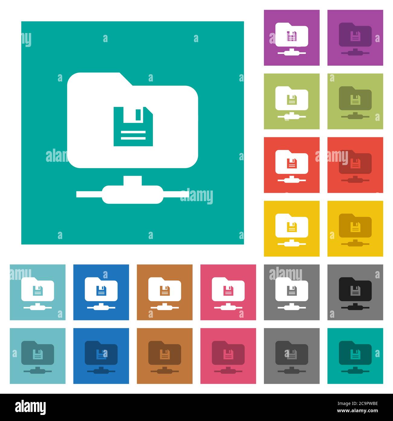 FTP save multi colored flat icons on plain square backgrounds. Included white and darker icon variations for hover or active effects. Stock Vector