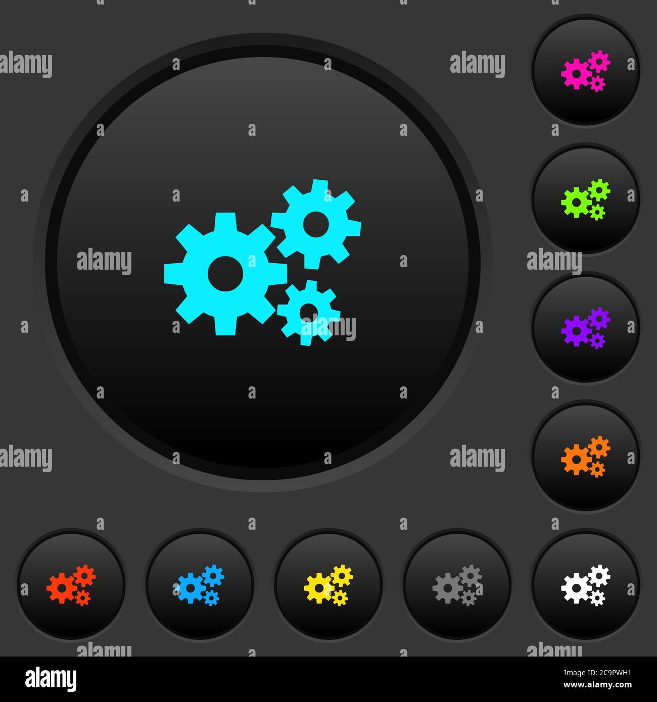 Gears dark push buttons with vivid color icons on dark grey background ...