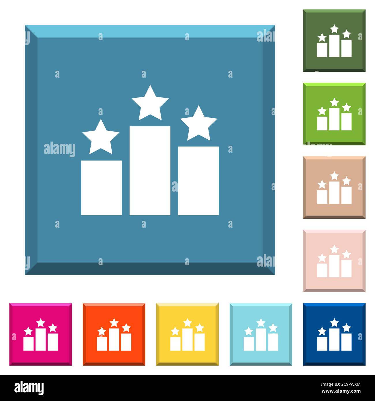 Ranking white icons on edged square buttons in various trendy colors ...