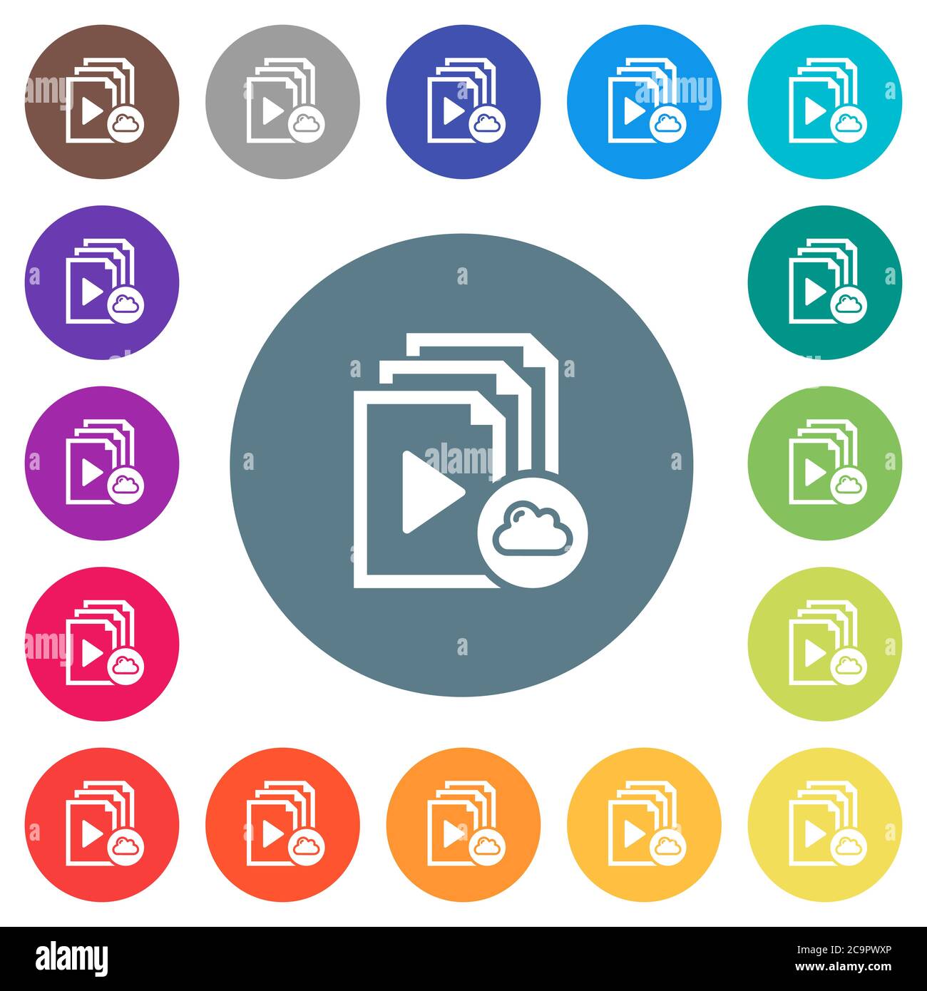 Cloud playlist flat white icons on round color backgrounds. 17 ...