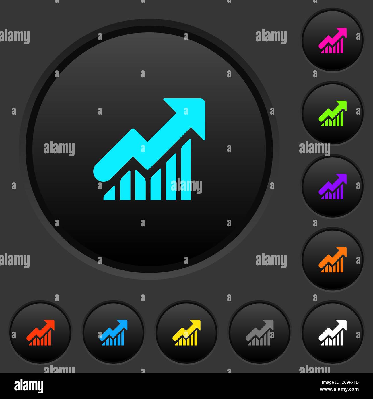 Rising graph dark push buttons with vivid color icons on dark grey ...