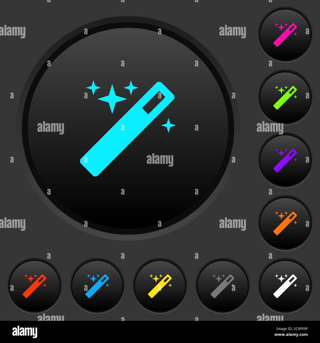 Magic wand dark push buttons with vivid color icons on dark grey background Stock Vector