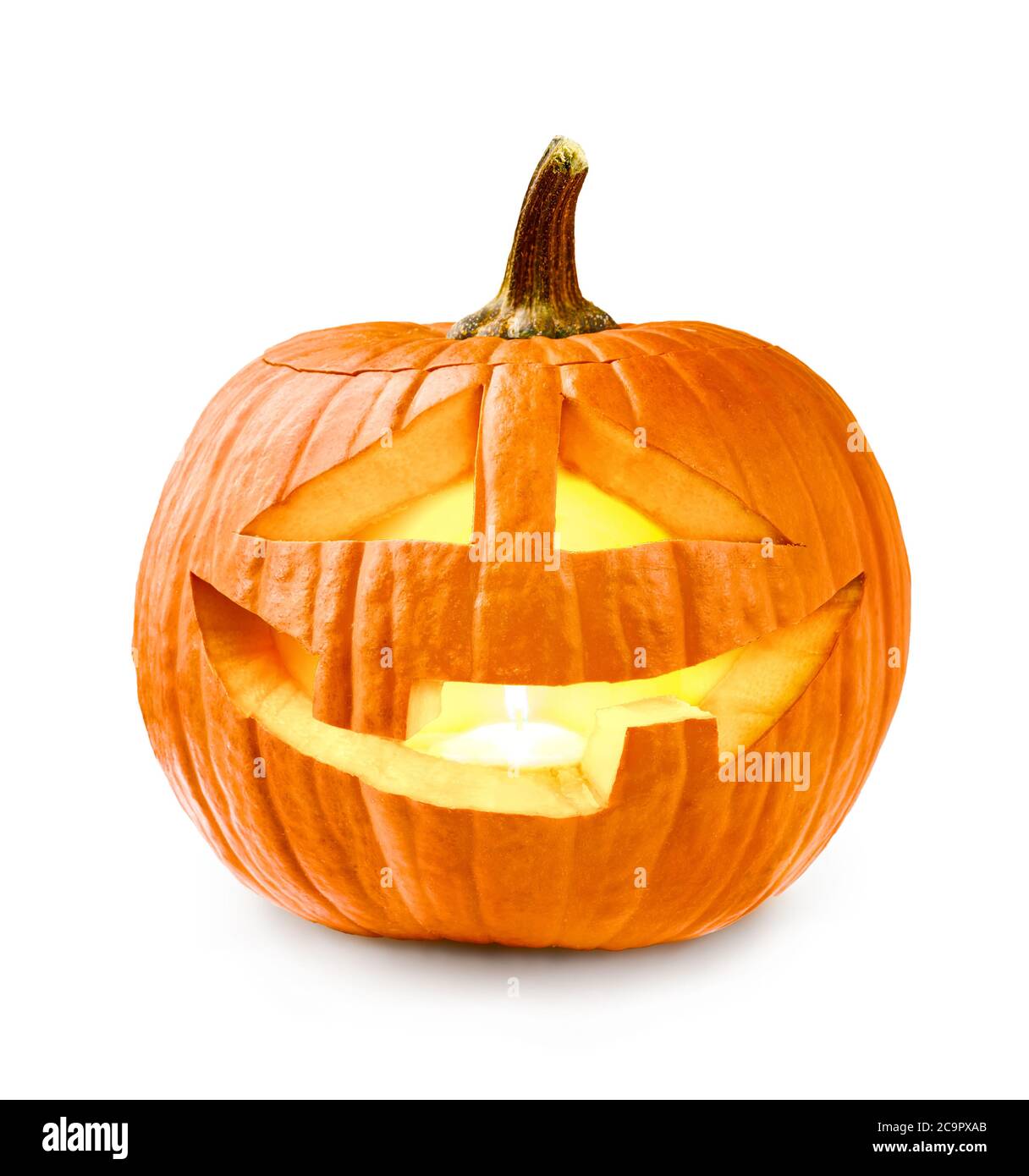Glowing Halloween Pumpkin isolated on white background. Jack O’ Lantern. Stock Photo