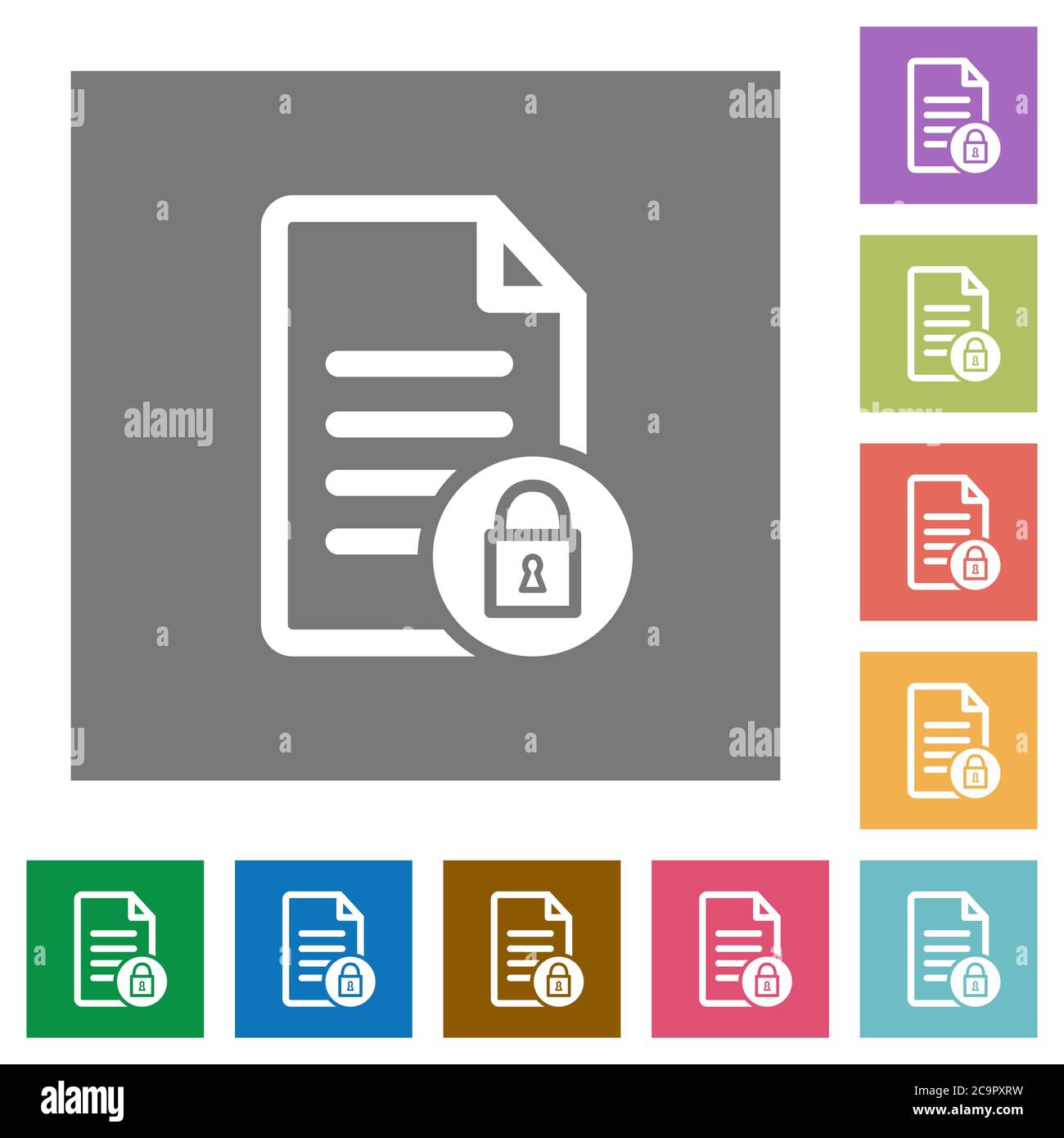 Locked document flat icons on simple color square backgrounds Stock Vector