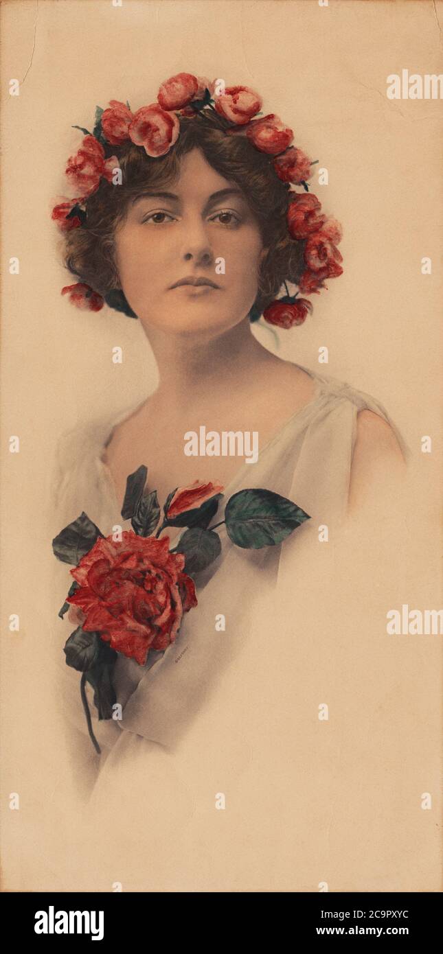 Art Nouveau Hand-Coloured Neo-Classical Photographic Portrait with Roses Stock Photo