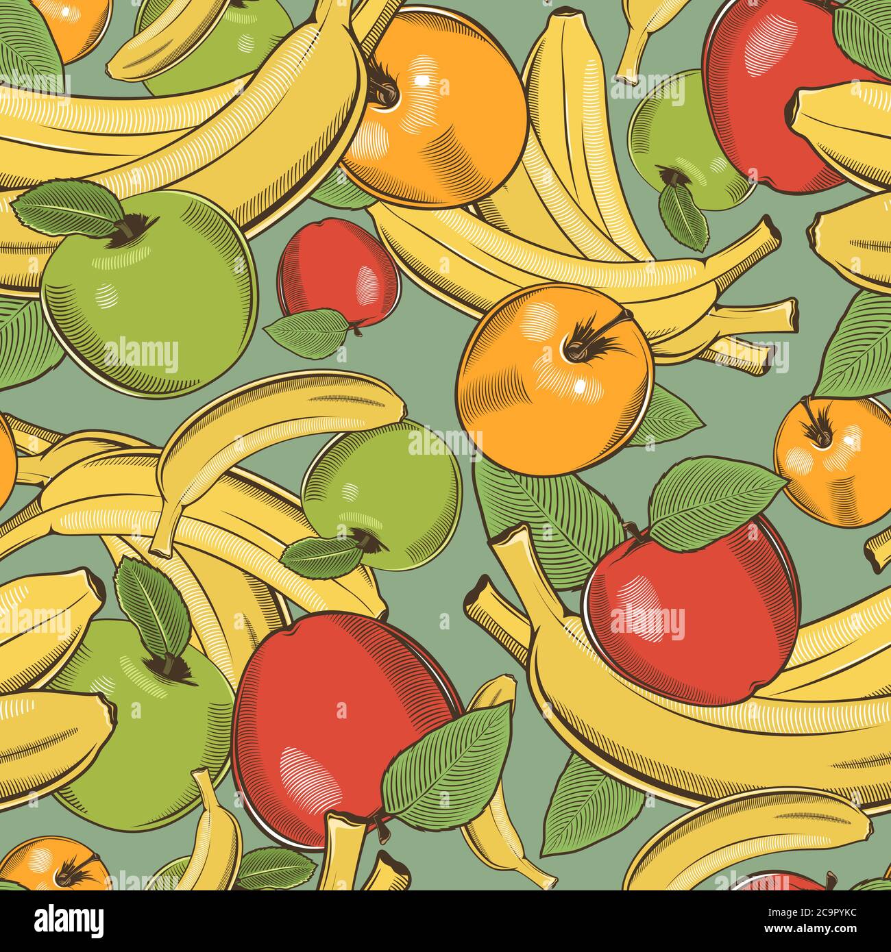 Colored seamless pattern with bananas and apples in vintage style Stock ...