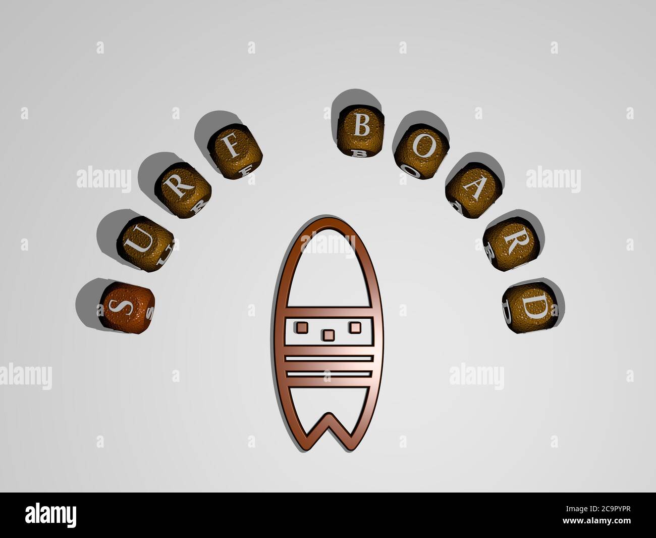 3D representation of SURF BOARD with icon on the wall and text arranged ...