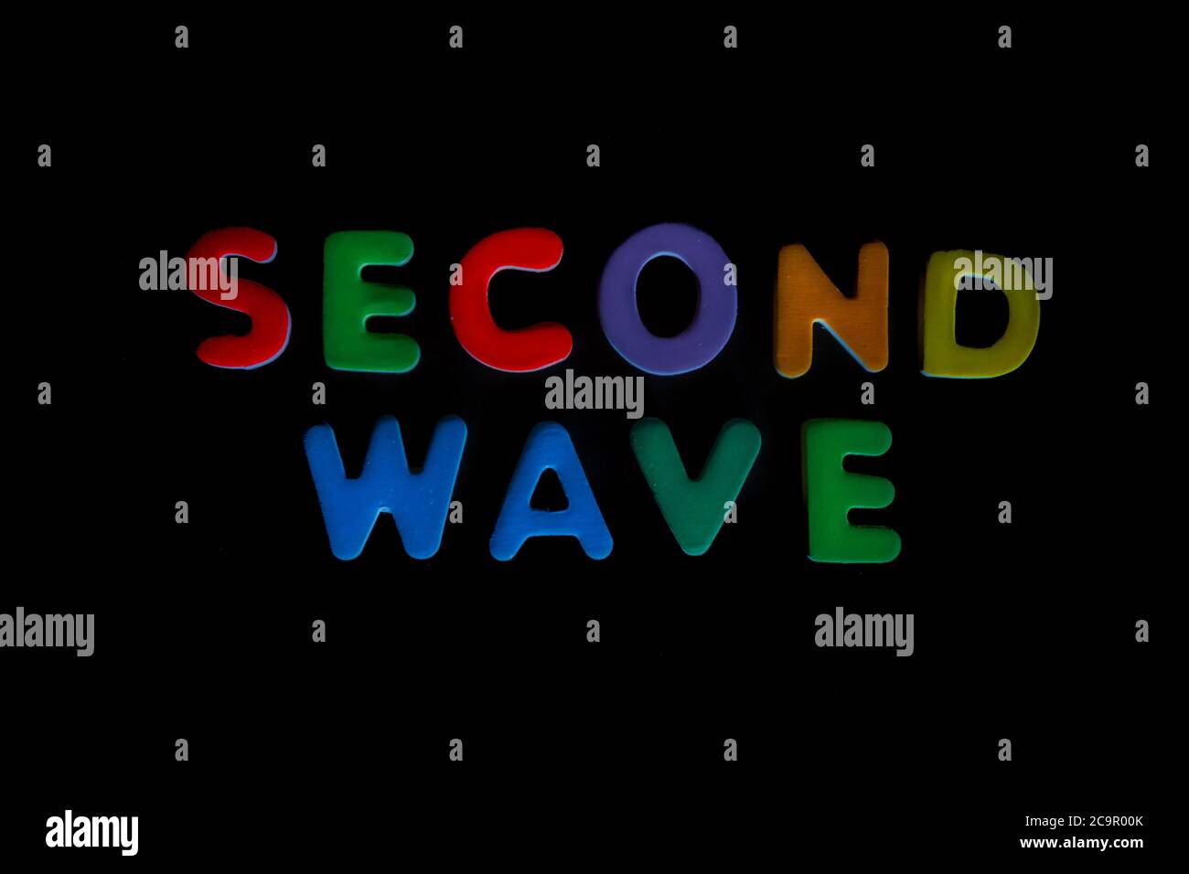 Words, second wave, written in colorful letters on black background Stock Photo