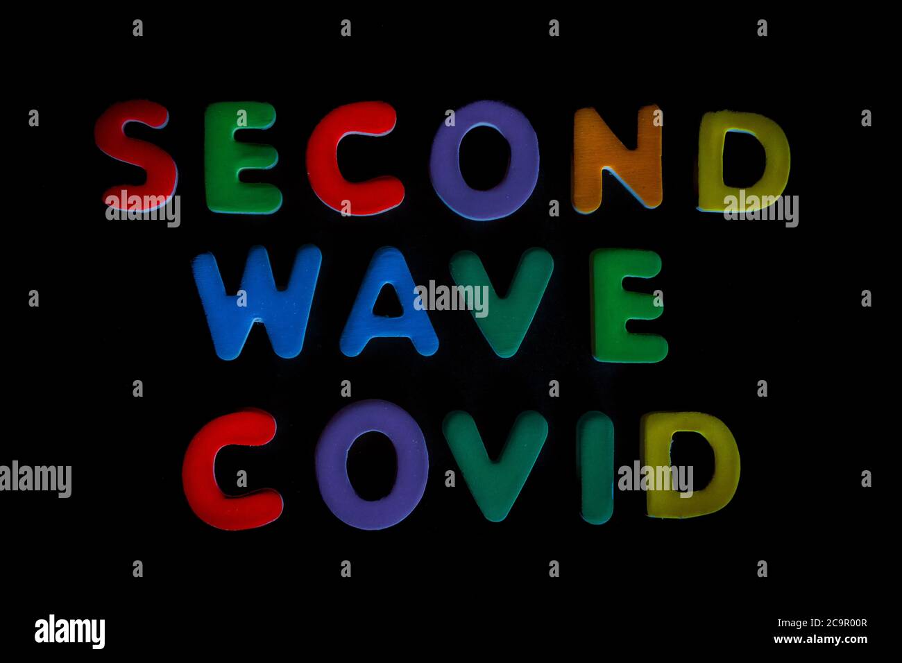 Words, Covid second wave, written in colorful letters on black background Stock Photo
