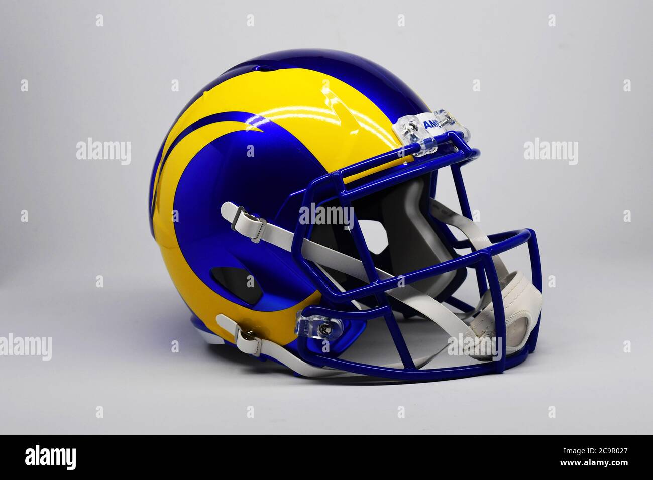 A Los Angeles Rams helmet introduced for the 2020 season is seen on ...